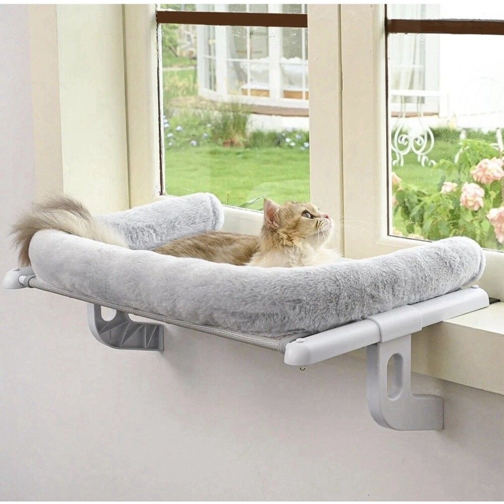 Cat Window Perch with Bolster, Adjustable Hammock Seat for Large Cats Cream